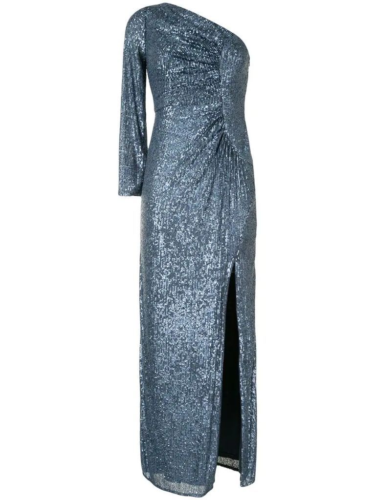 sequin one-shoulder ruched gown