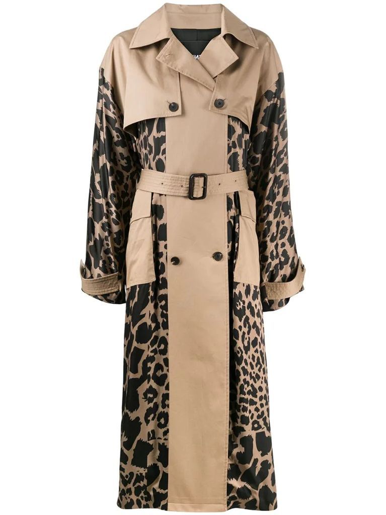 leopard print panels trench coat