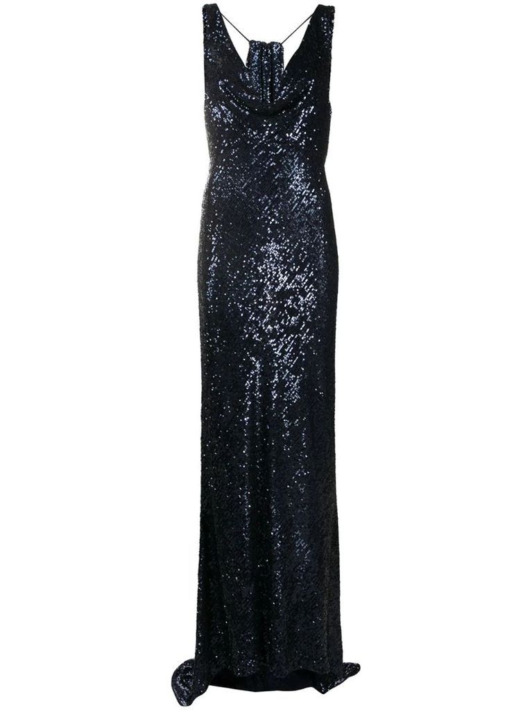sequinned draped panel gown