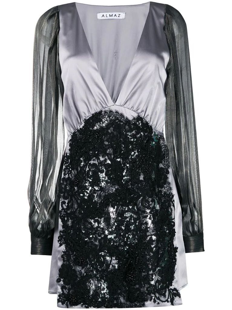 V-neck appliqué lace silk dress