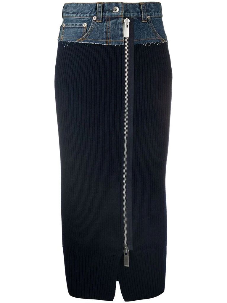 ribbed-knit denim pencil skirt