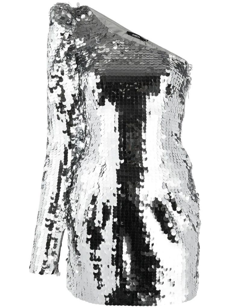 one-shoulder sequin disc mini dress
