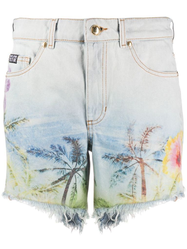 palm-print denim shorts