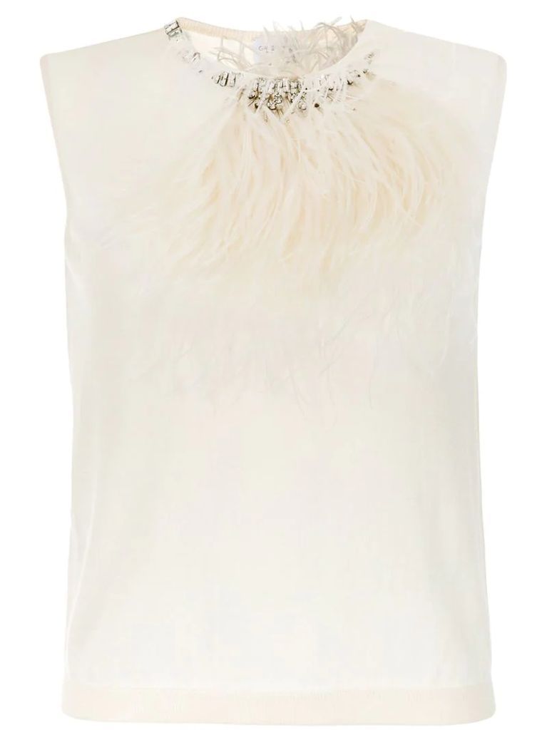 feather-embellished knitted top