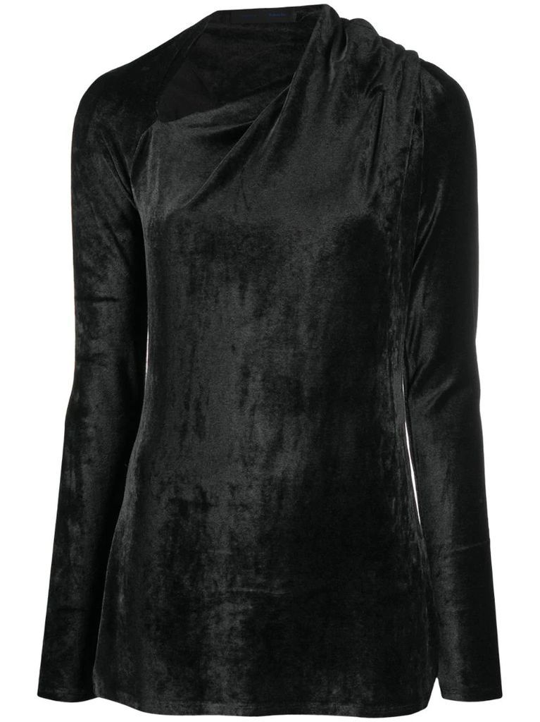 asymmetric-neck velvet top