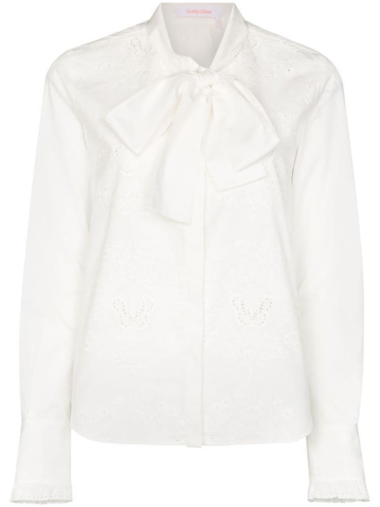embroidered pussy-bow blouse