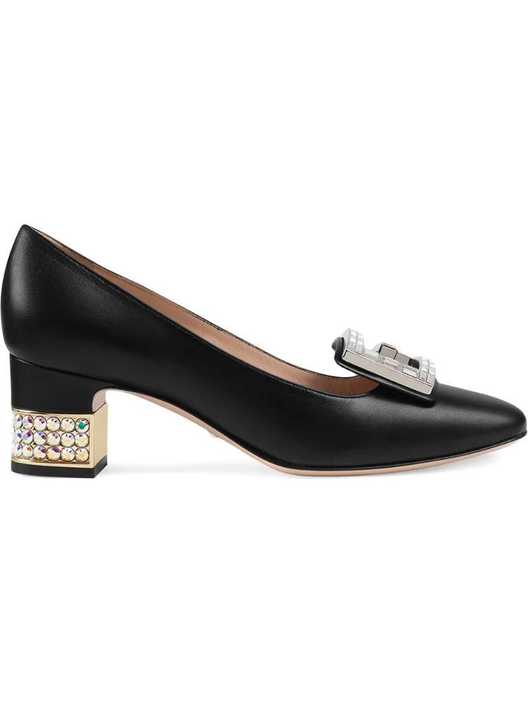 Leather mid-heel pump with crystal G