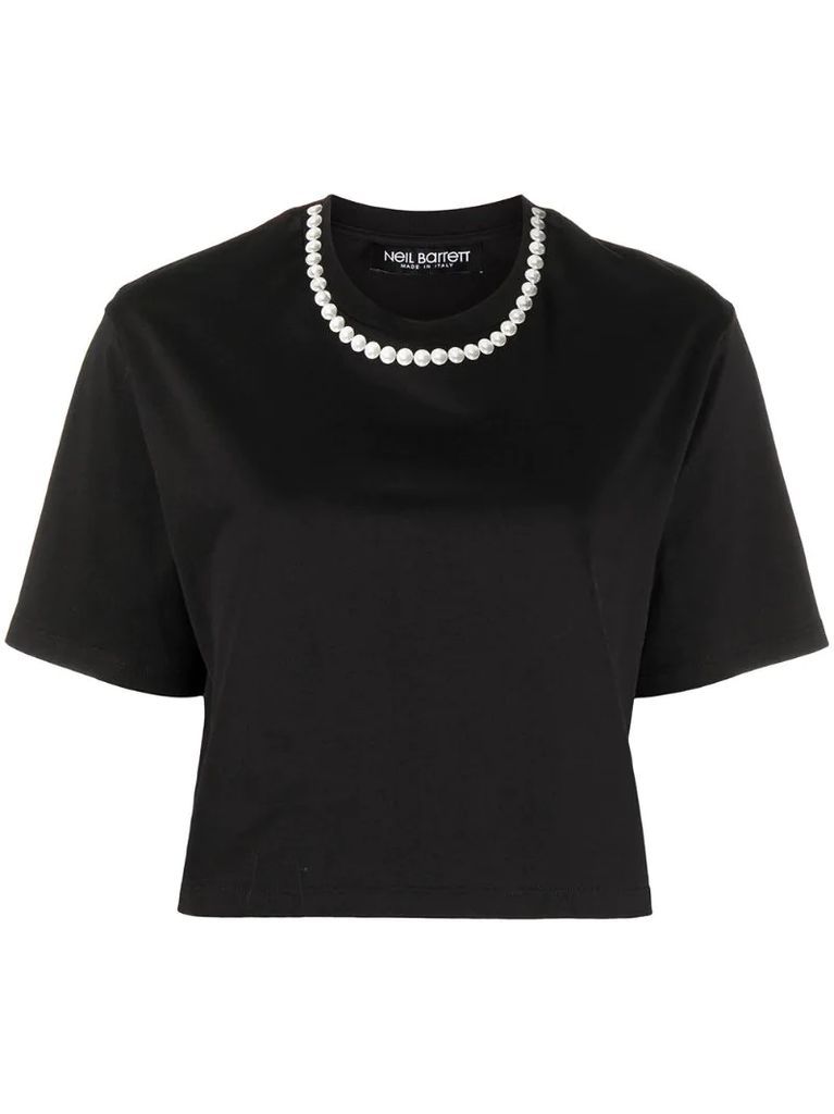 pearl-print cropped short-sleeve T-shirt