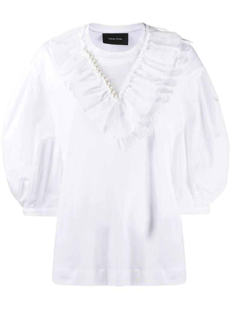 frill puff sleeve beaded blouse