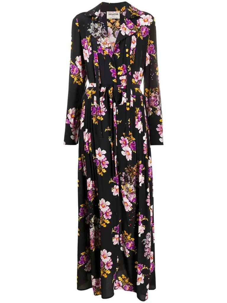 floral shirt maxi silk dress