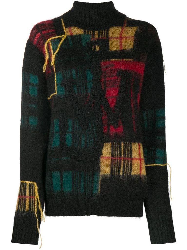 fringe checked knitted jumper