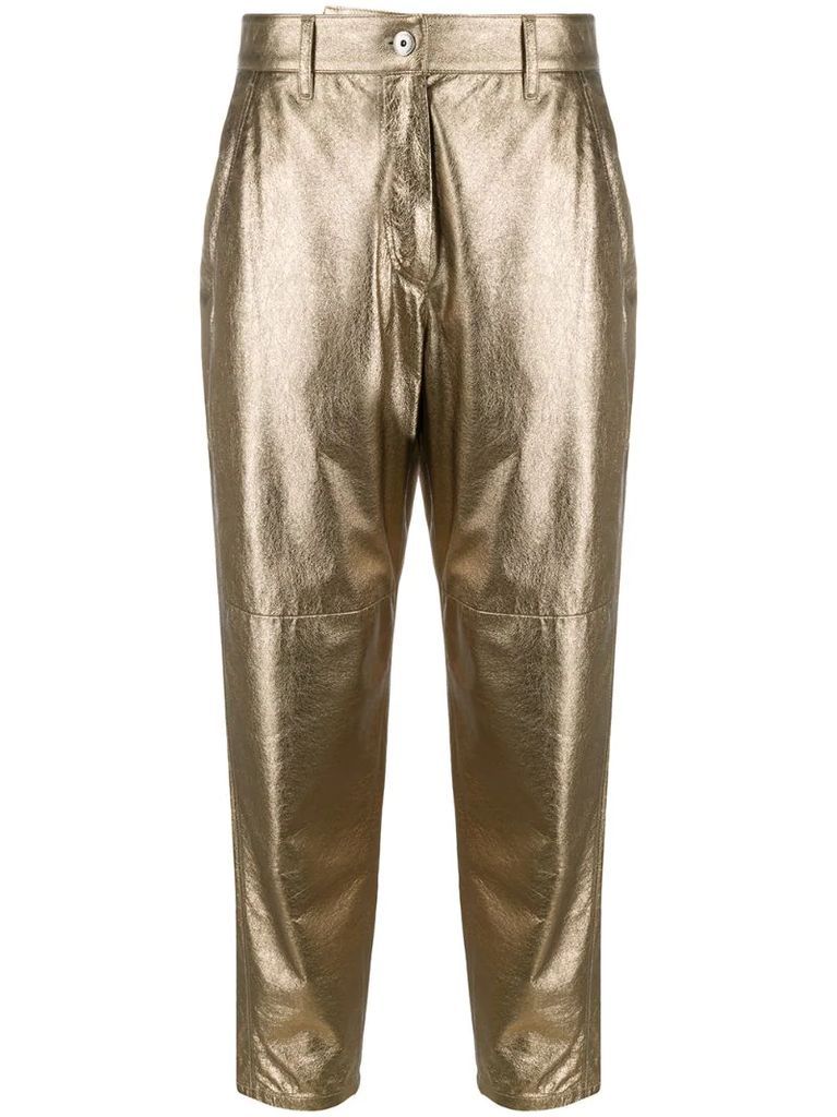 metallic-effect leather trousers