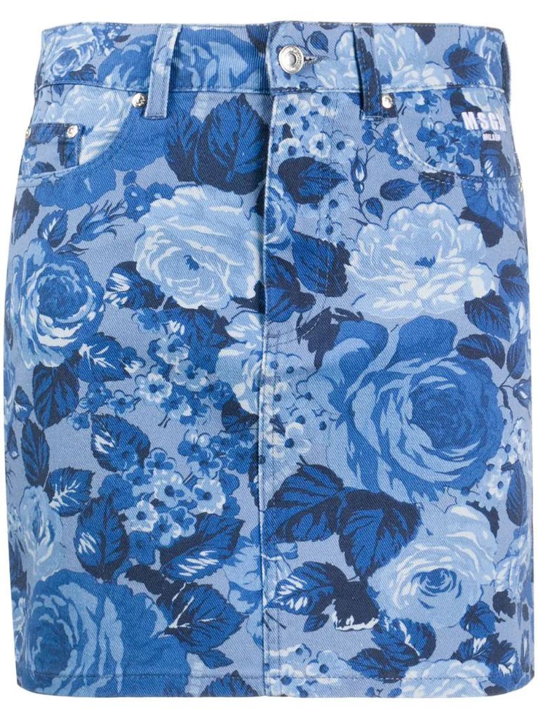 rose-print denim skirt