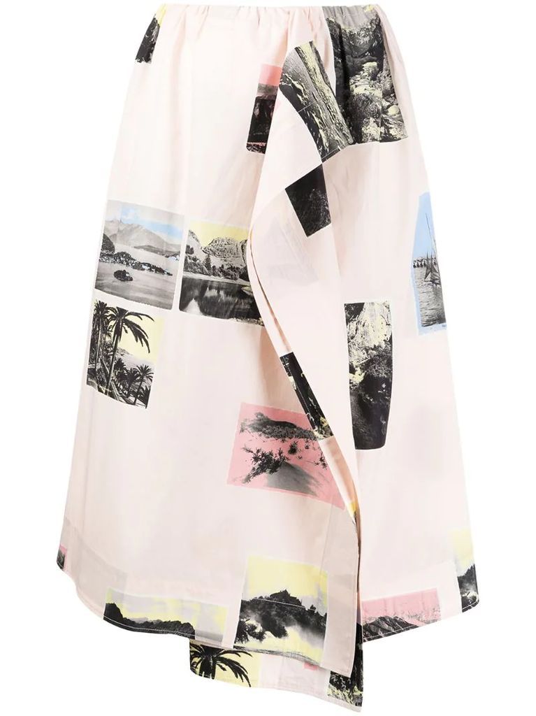 postcard print midi skirt