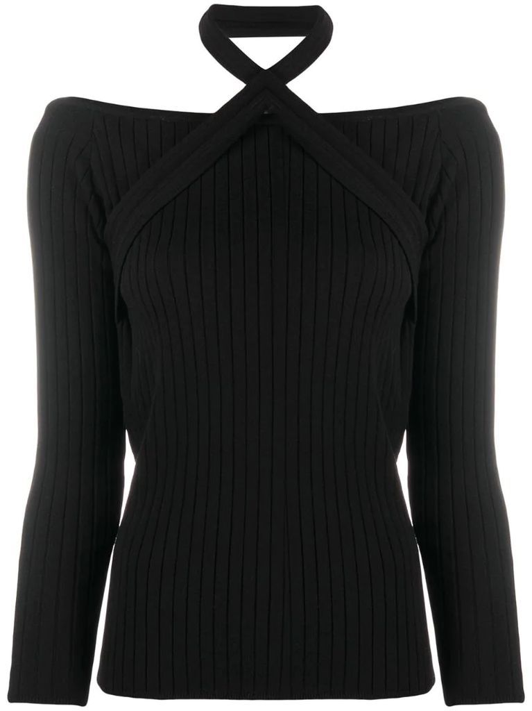 ribbed knit top with halter neck detail