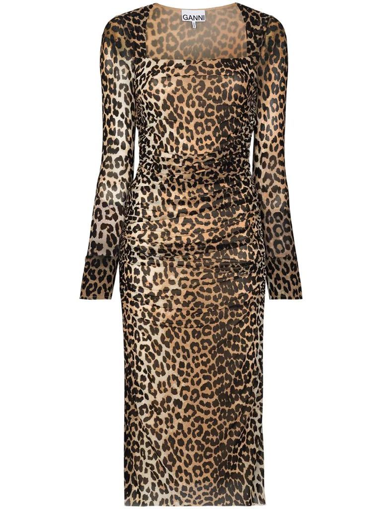 leopard-print ruched midi dress