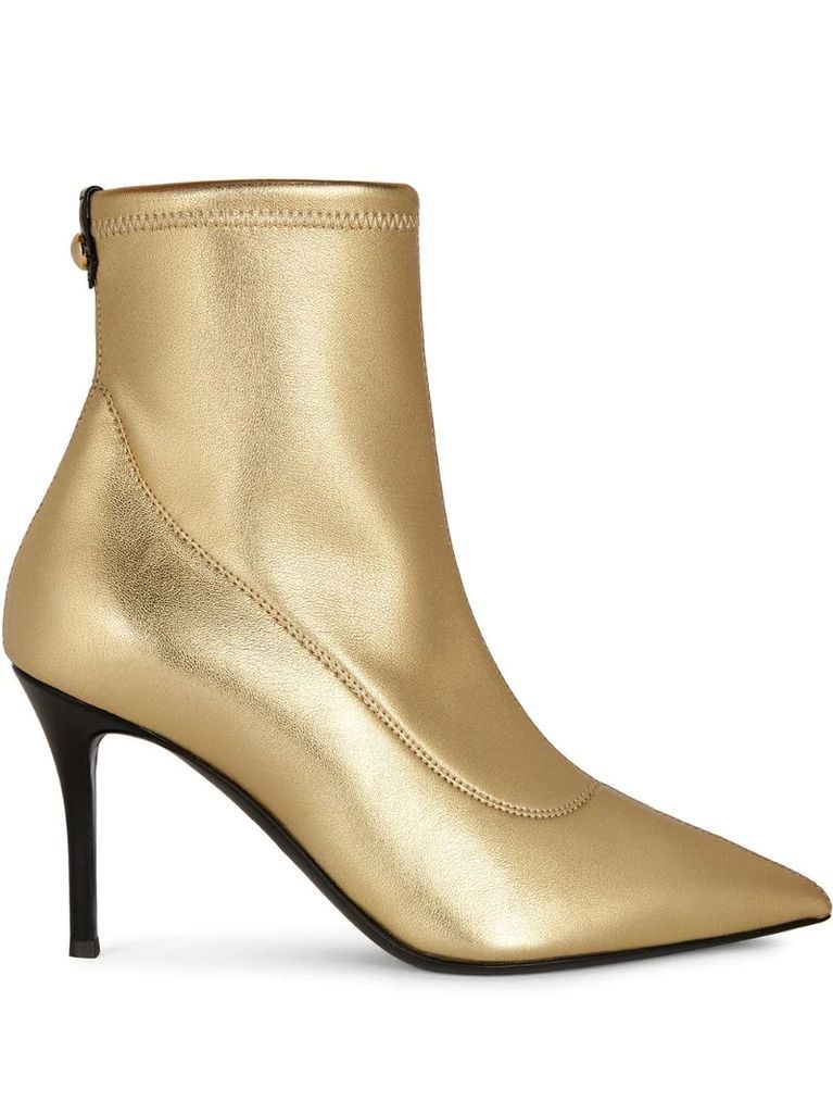 metallic pointed leather ankle boots