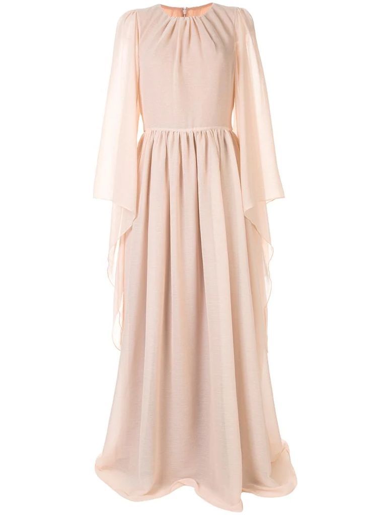 draped long-sleeved gown
