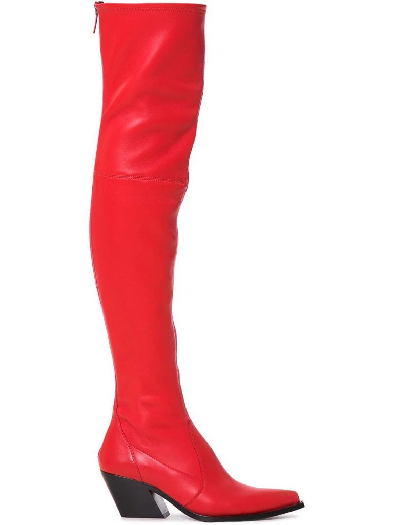 red 60 over-the knee leather cowboy boots