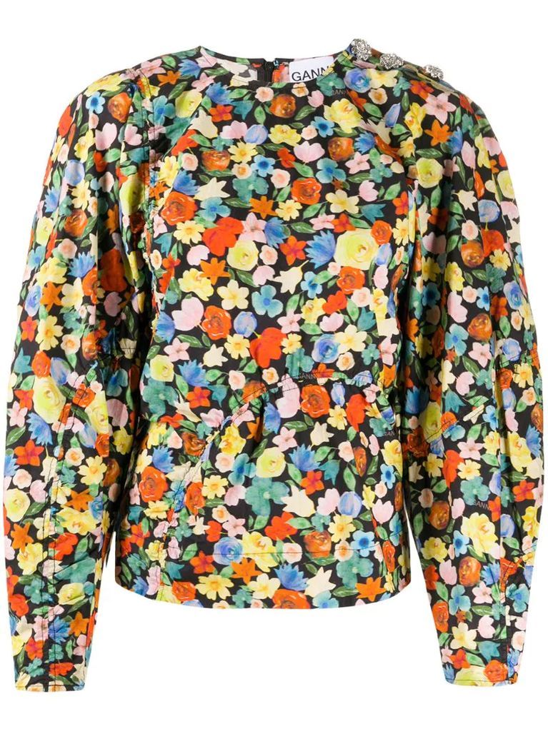 floral print puff-sleeves blouse