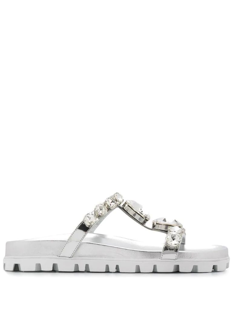 Crystal silver slide sandals