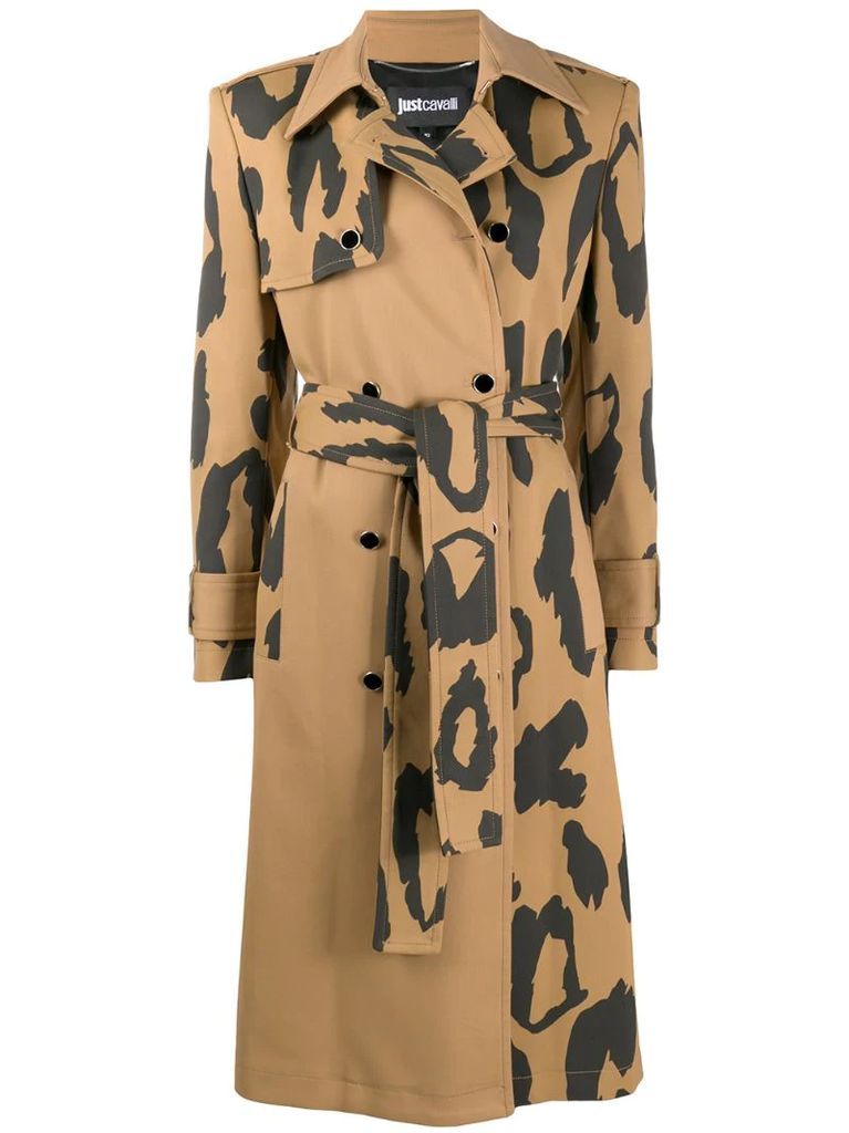 leopard-print belted trench coat