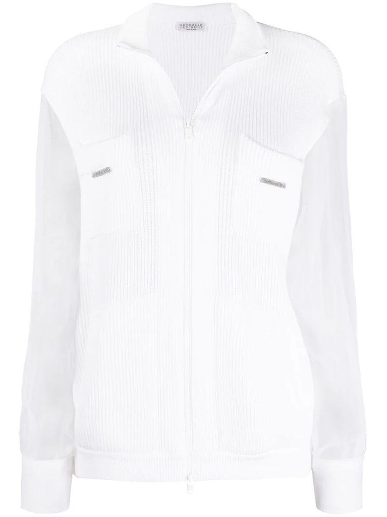 organza-sleeved zip-through sweater