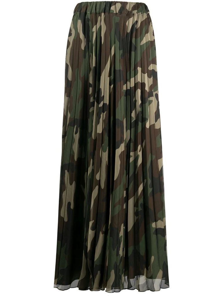 camouflage pleated maxi skirt