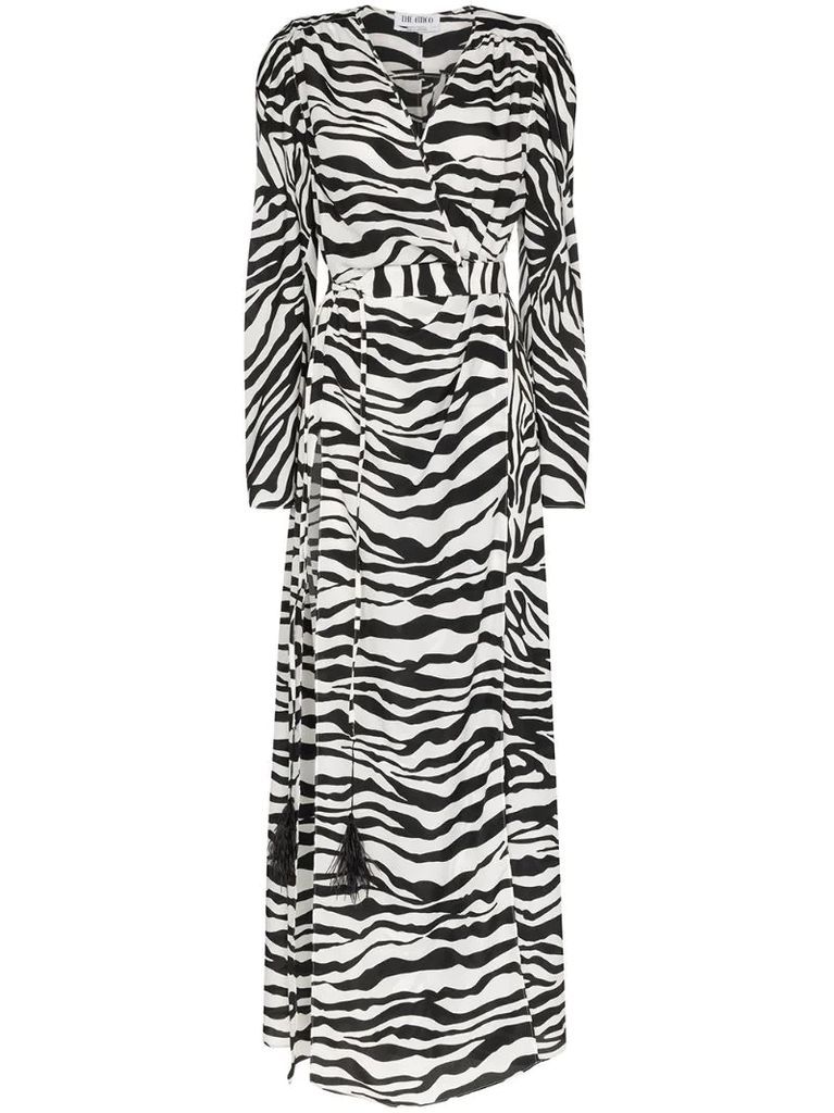 zebra print ruched maxi dress