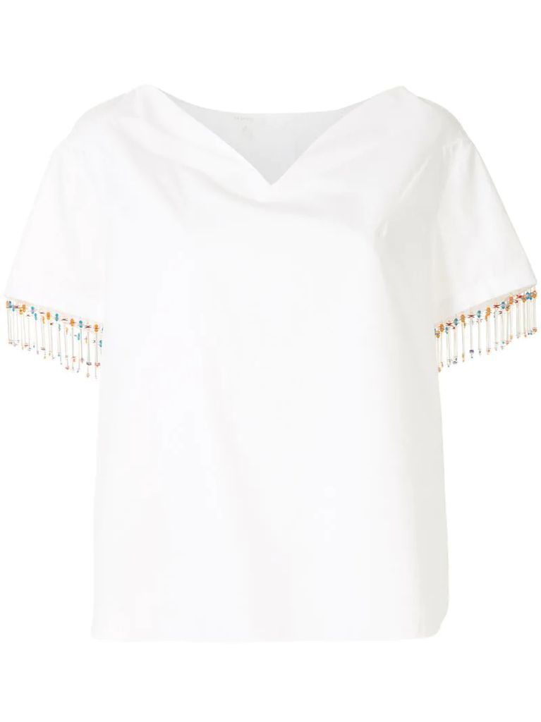 heart neckline bead trim T-shirt