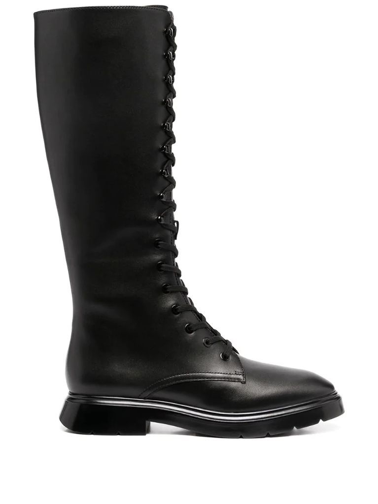 leather lace-up calf boots