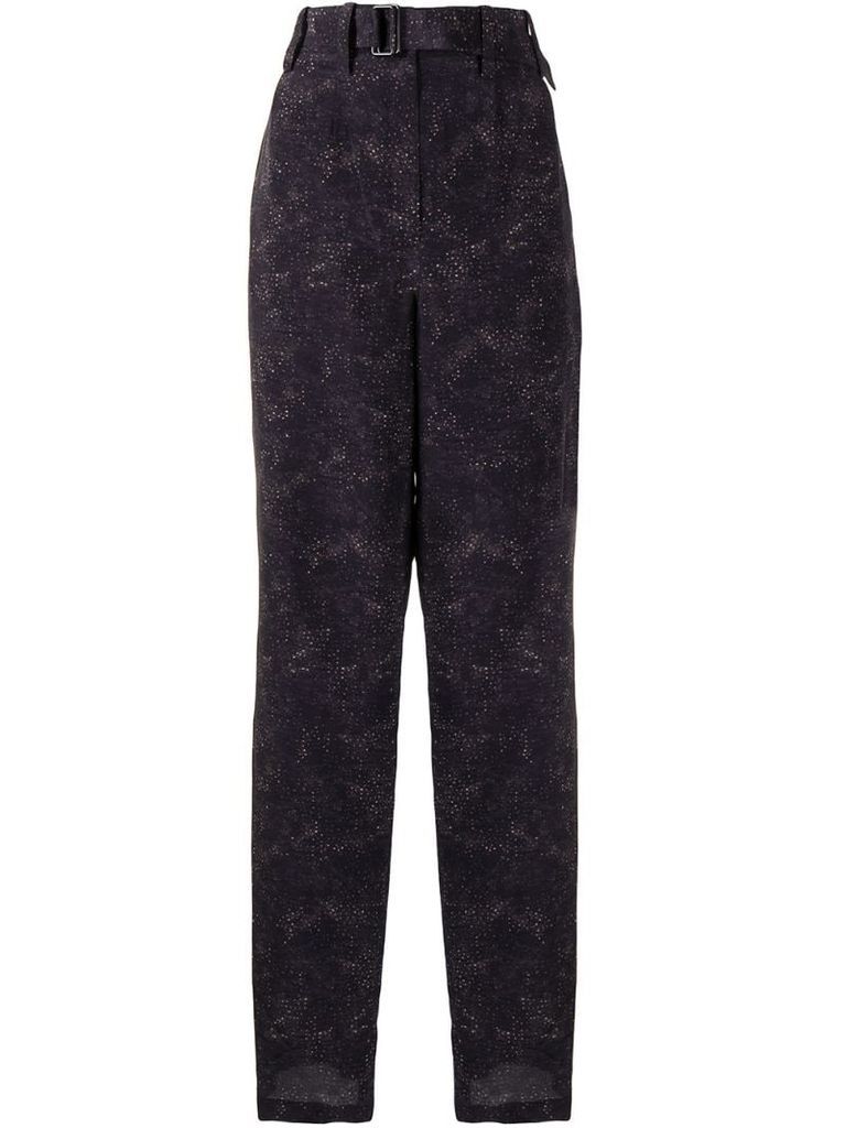 abstract print silk tapered wide leg trousers