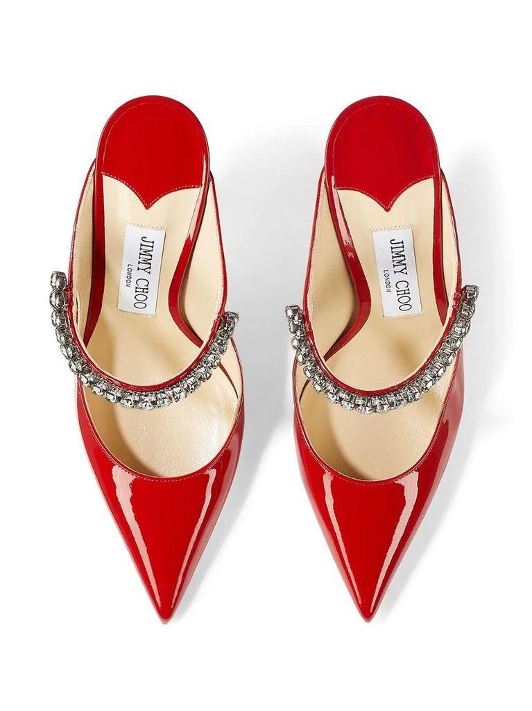 patent leather stiletto pumps with crystal detail