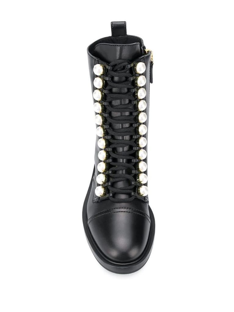 biker faux pearl-embellished boots