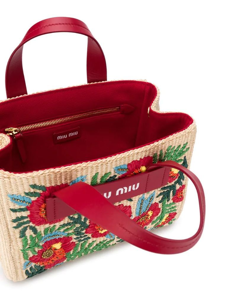 floral-embroidered straw tote bag