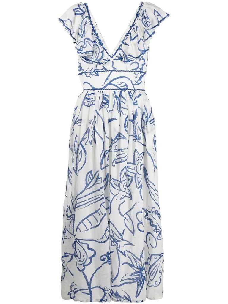 printed V-neck maxi length