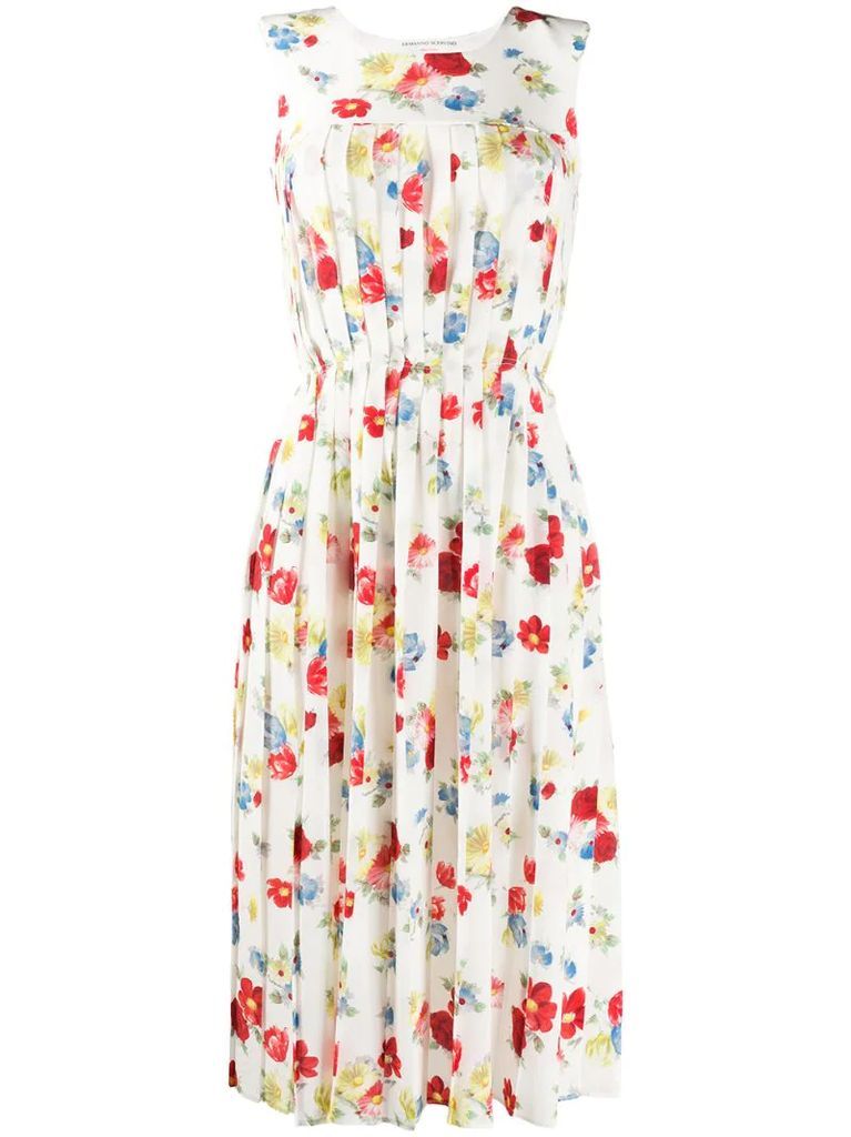 sleeveless pleated floral print dress