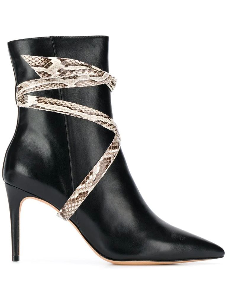 snakeskin effect pointed ankle boots