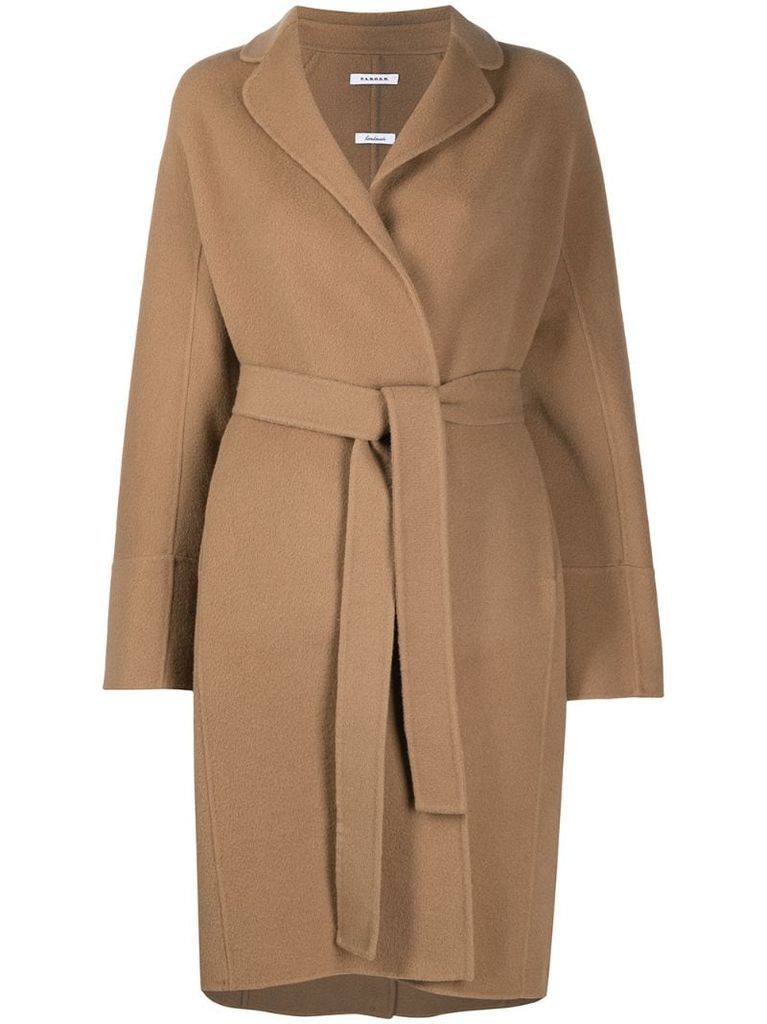 wrap-front belted wool coat