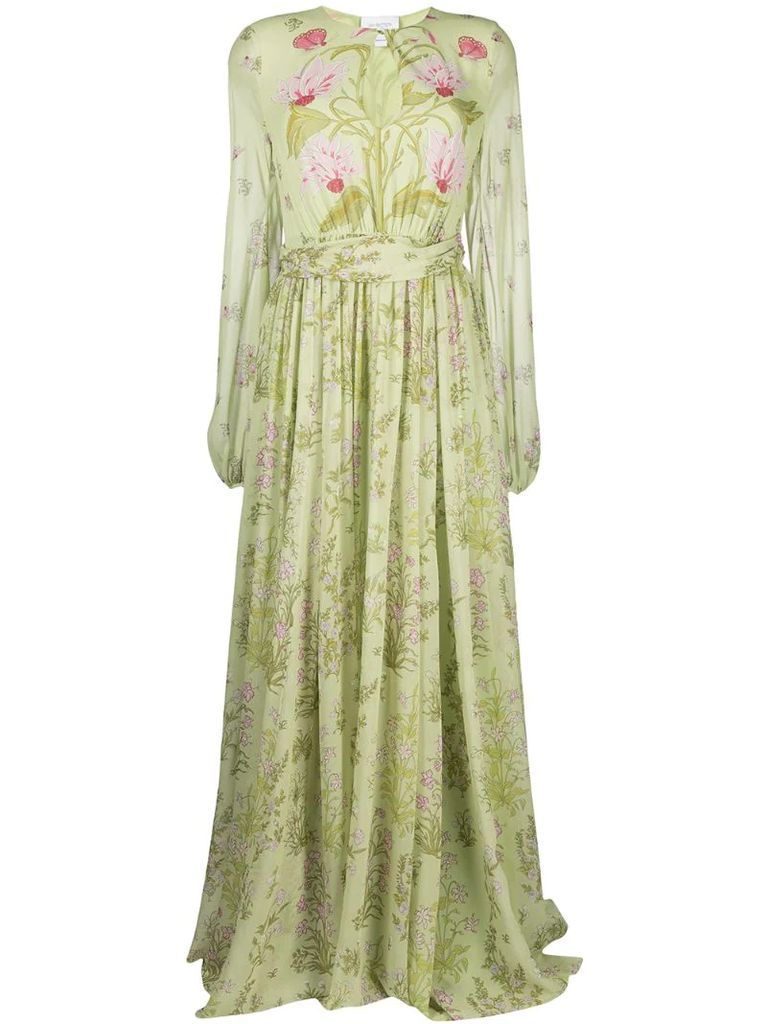 draped silk floral-print gown