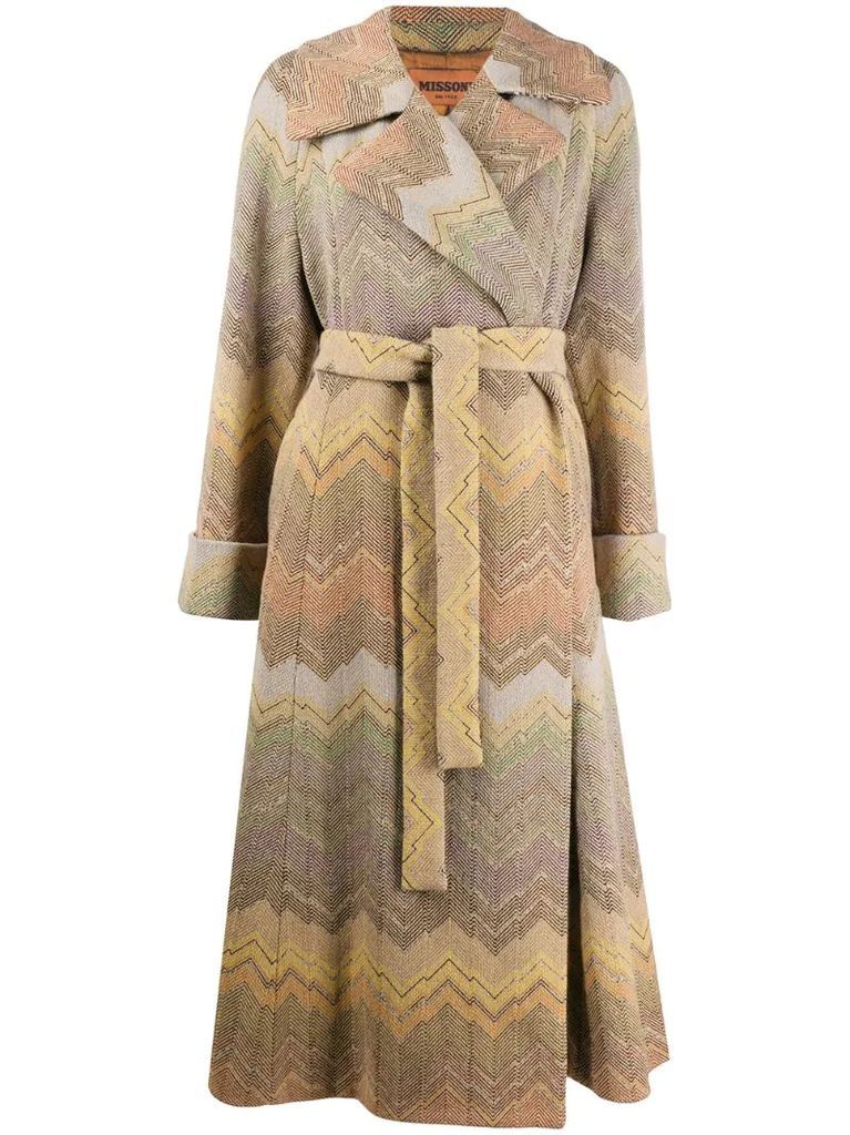 woven zig zag coat with belted waist