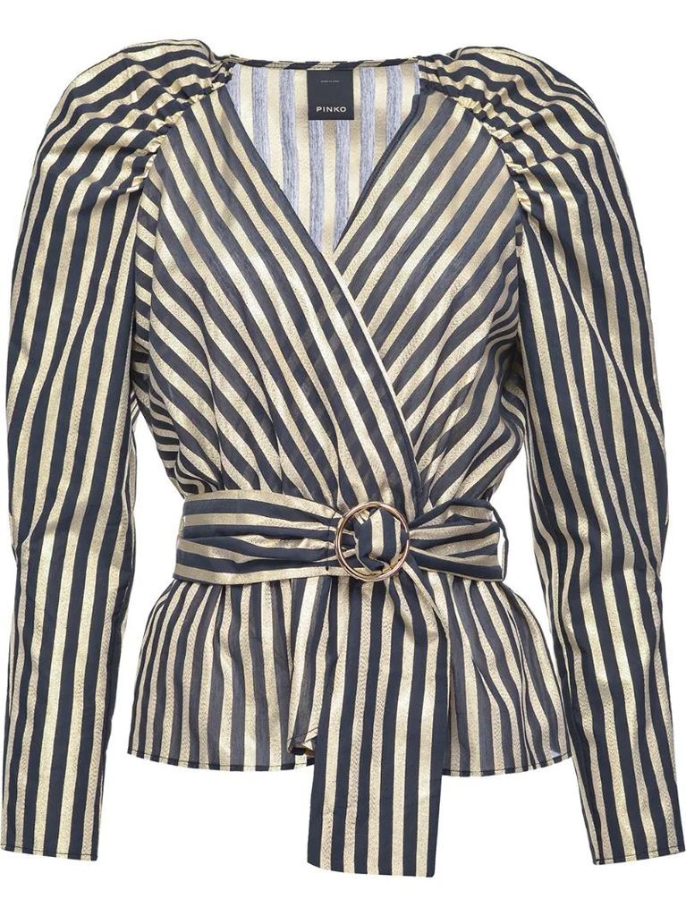 belted striped print blouse