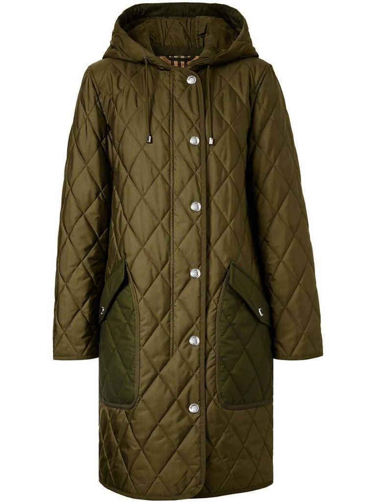diamond quilted thermoregulated hooded coat