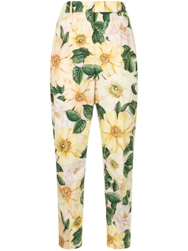 Camellia-print high-waisted trousers