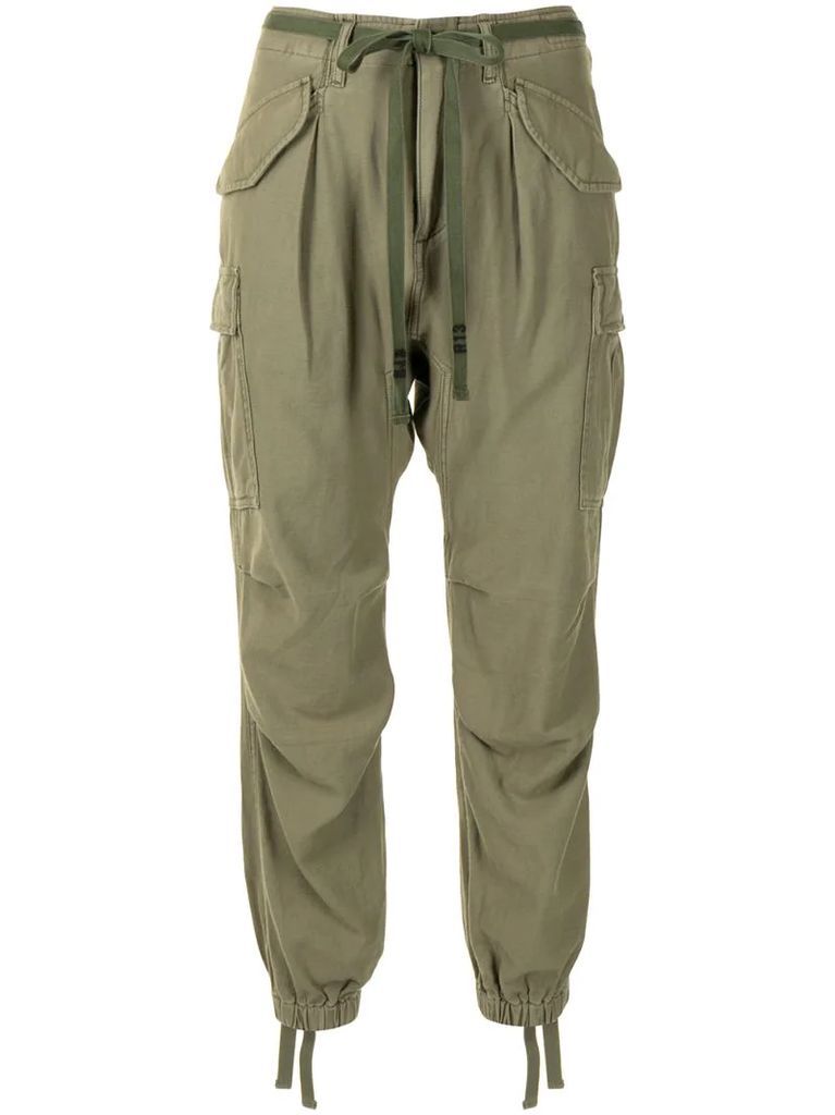drop-crotch multi-pocket trousers