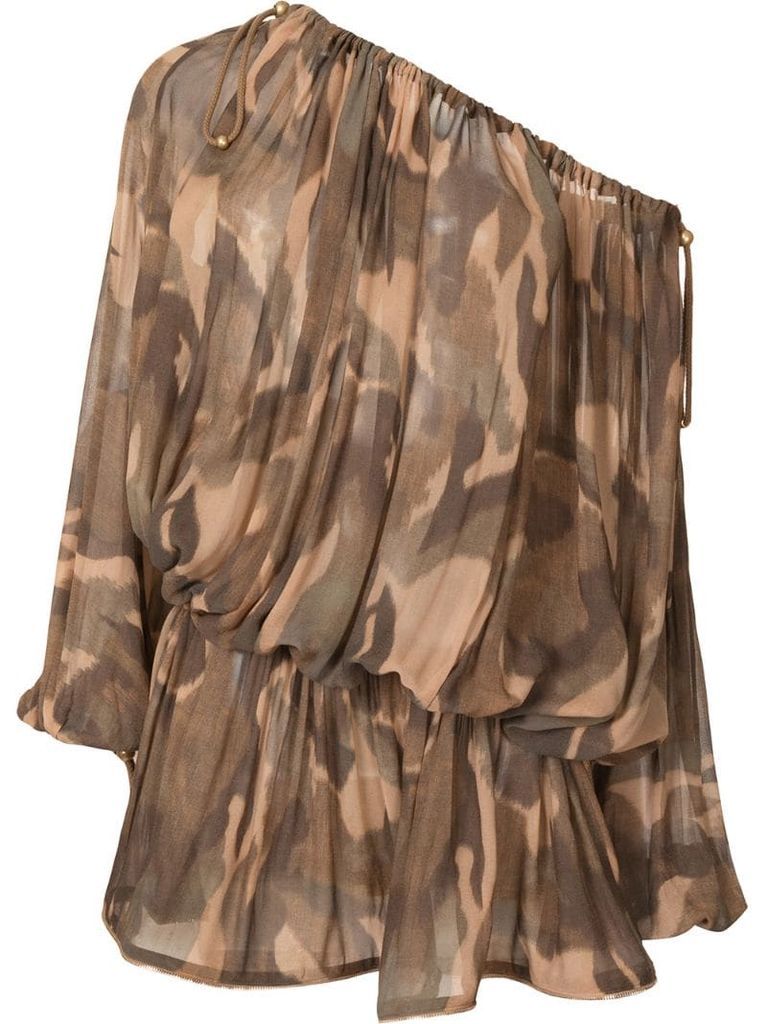 off-shoulder camouflage mini dress
