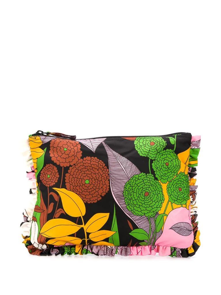 ruffle trim floral-print pouch