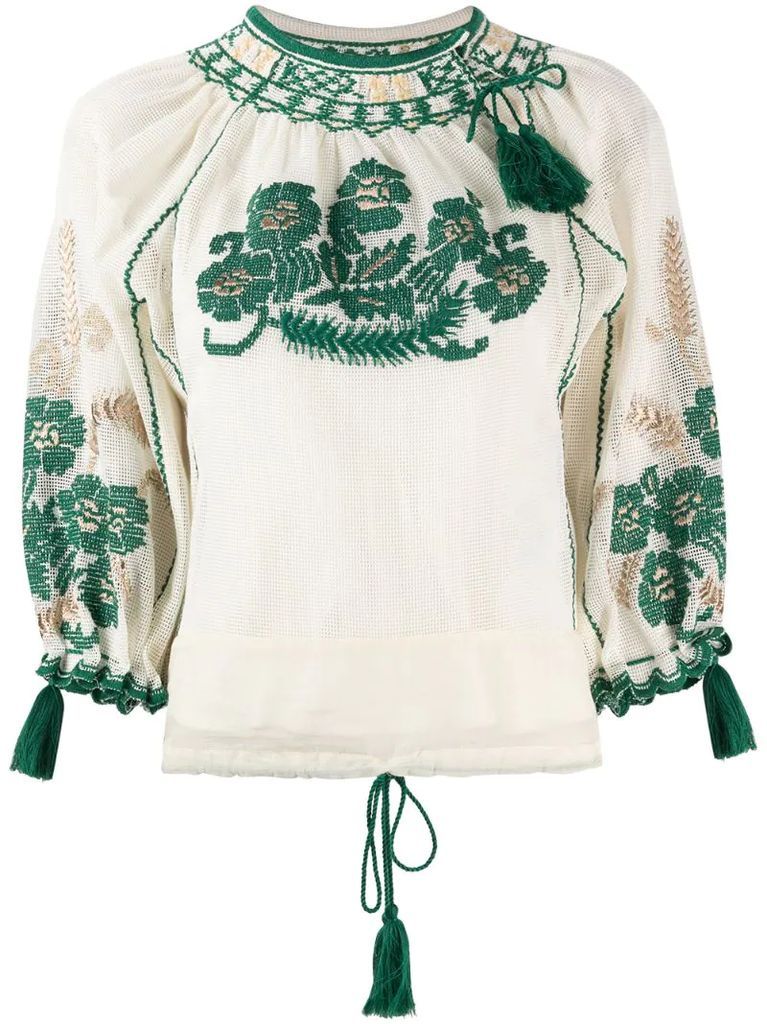 tassel-trim embroidered blouse