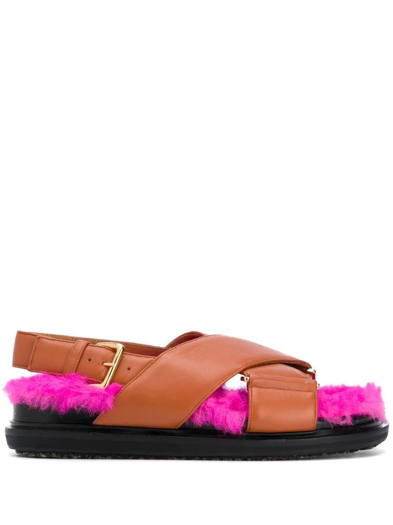 fur-lined strapped flat sandals