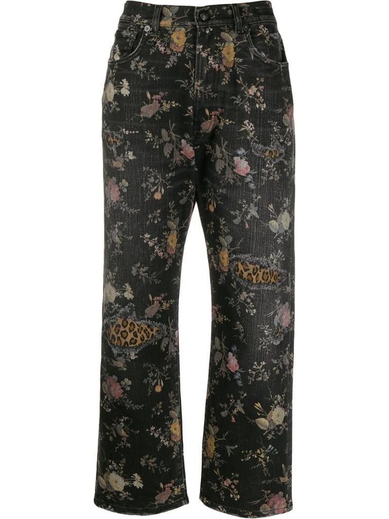 floral print denim jeans